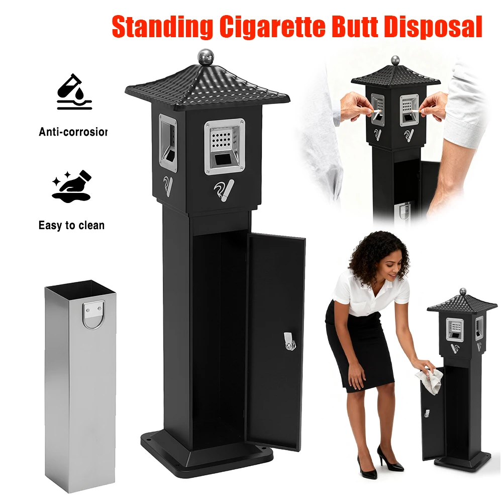 

Cigarette Bin with Inner Bucket Trash Receptacle Outdoor Metal Vertical Trash Bin for Porch/Guest Areas/Office/Balcony
