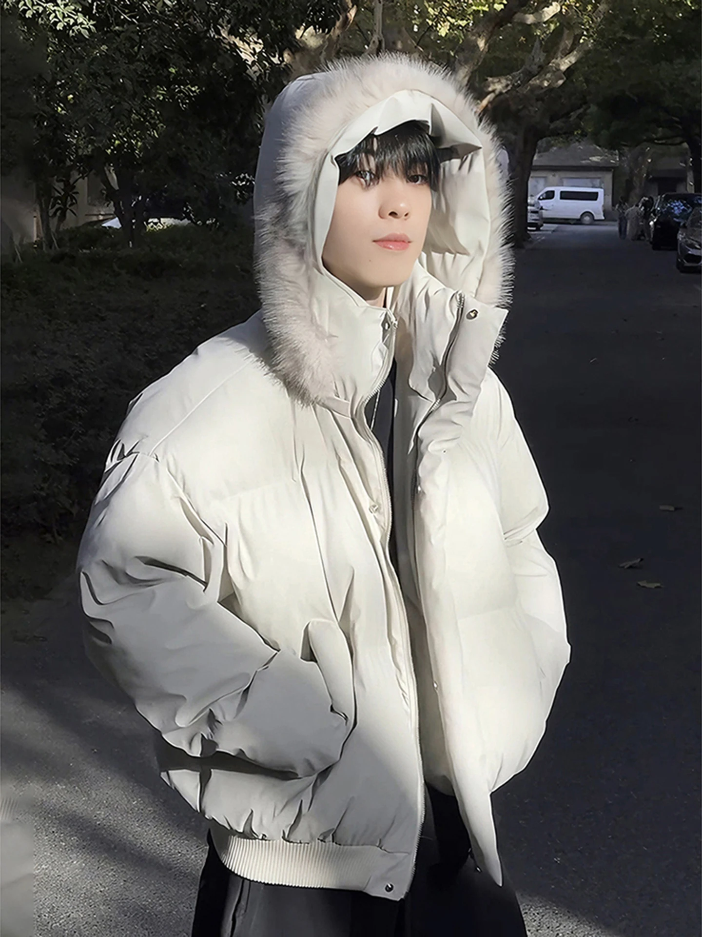 

American Sle Detachable Fur Collar ort down Cotton Jaet Men's Winter Thi Warm PU Leather Tee-Proof Cotton Coat