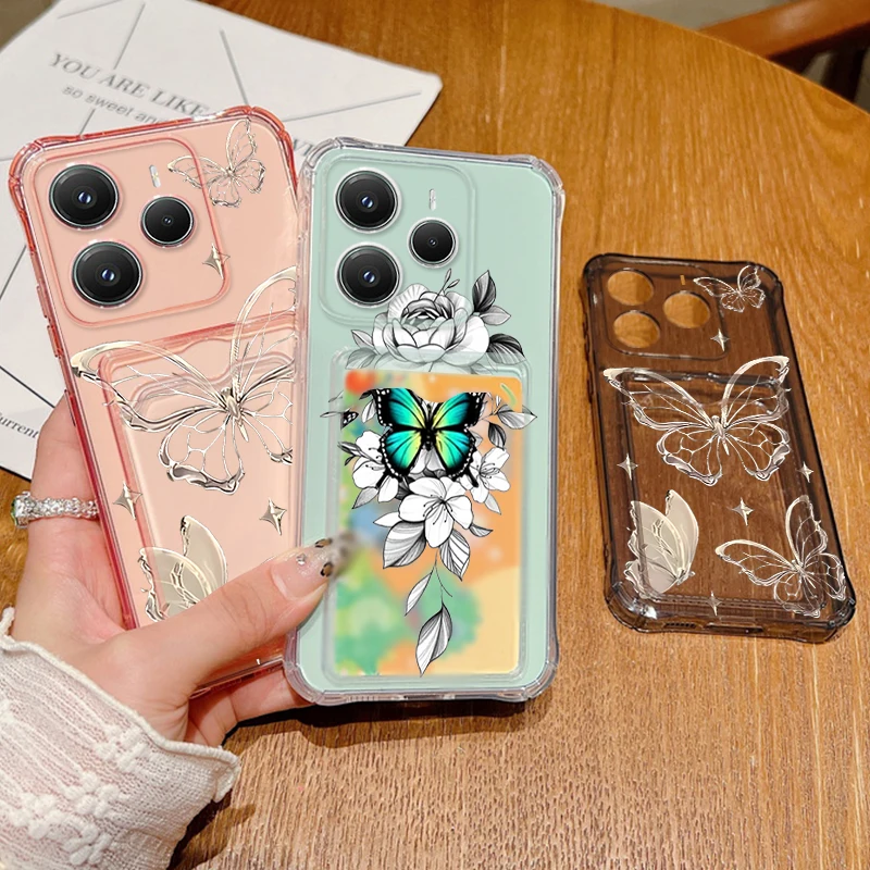 Bolsa carteira com estampa de borboleta dourada, capa carteira para xiaomi redmi note 13 14 12 11 pro 5g note 13 14 14c 13c 4g, capa transparente e macia para telefone