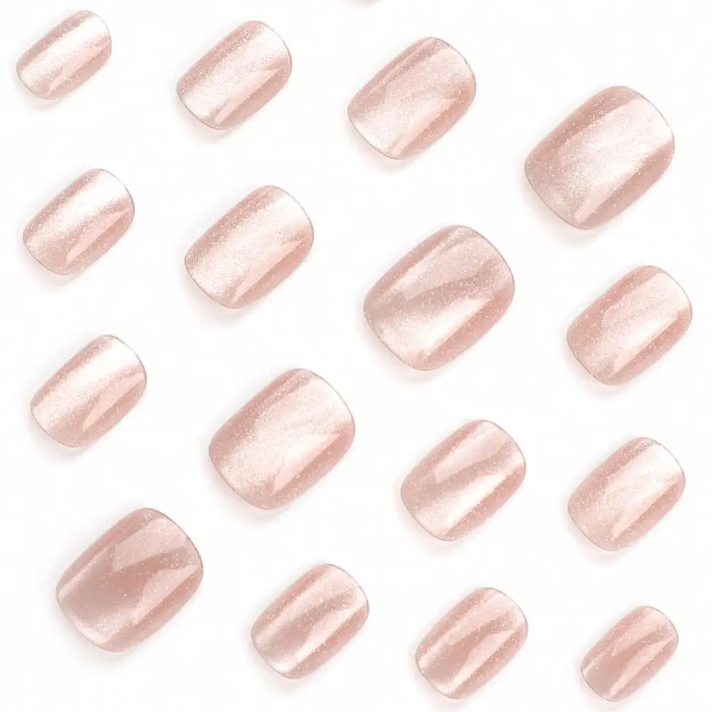 French False Nails Detachable Pink Cat Eye Full Cover Nail Tips Detachable Short Round Fake Nails for DIY