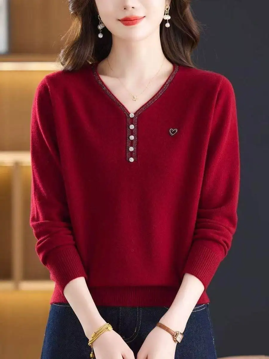 Loose V-Neck Long Sleeve Knitted Sweater Fashionable  Color Base Layer Shirt Autumn Winter New Arrival Women's Comfortab...