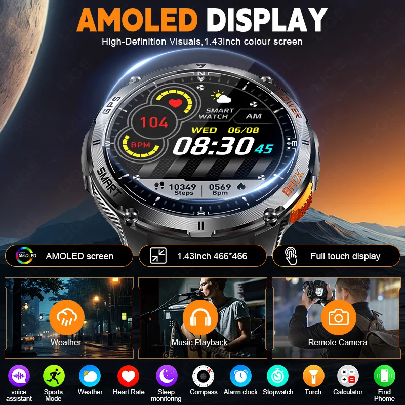 Choice LIGE Smart Watch 530mAh Large battery GPS Compass Voice Assistant Music Control Heart rate Men Smartwatches Android lOS