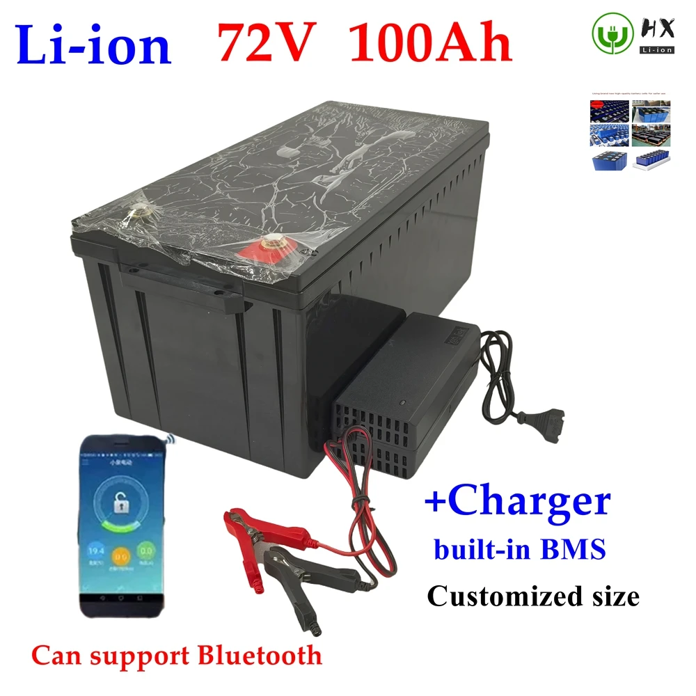 HX-Batterie lithium-ion 72V, 100Ah, Bluetooth BMS 5000/8000W, avec charger 10A, pour skateboard, vélo, scooter, golf cart,AGV