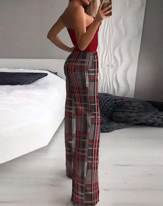 Wrapped Chest Sexy Checker Printed Straight Jumpsuit 2023 New Hot Selling Women's Wear