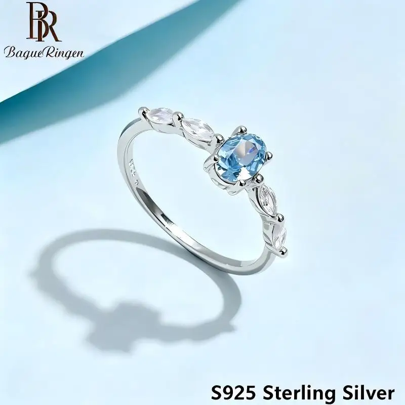 BR s925 Sterling Silver Elegant Light Blue Ring with Light Blue Oval Gemstone - Perfect Gift for Girlfriend