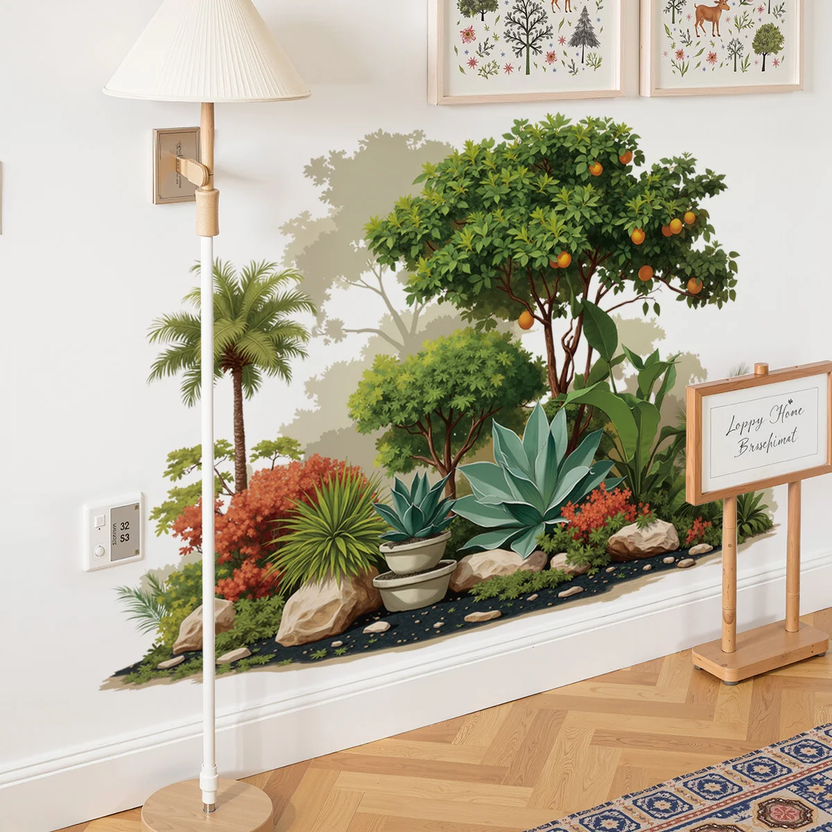 3D Shadow Tropical Orange Tree Wall Stickers, Agave Palm Stone Garden Living Room Baseboard Decor view 3