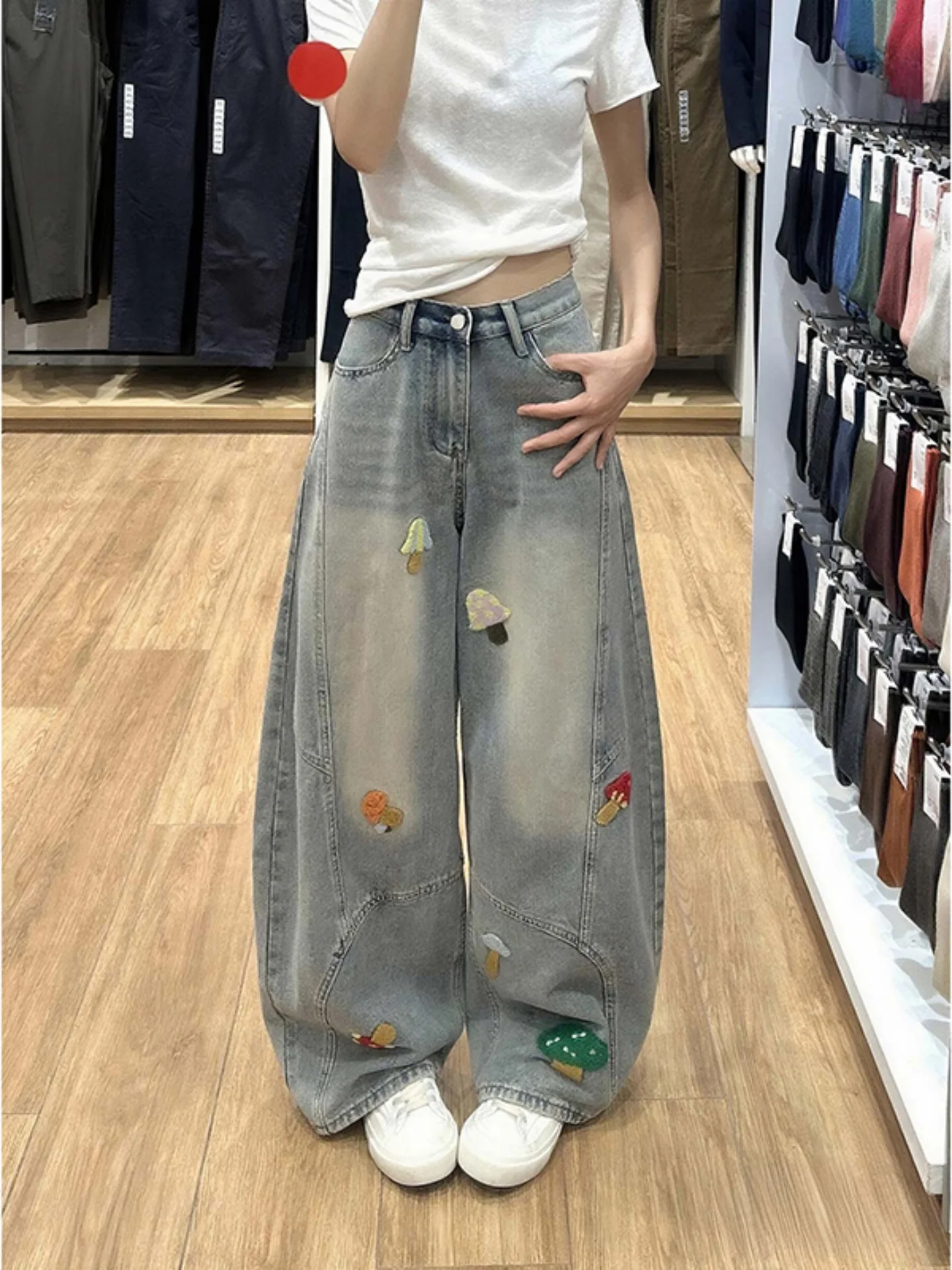 

Джинсы с широкими штанинами и вышивкой в ​​стиле мультфильмов для мужчин и женщин, свободные повседневные джинсы прямого кроя, молодежные модные джинсы из смеси хлопка и полиэстера