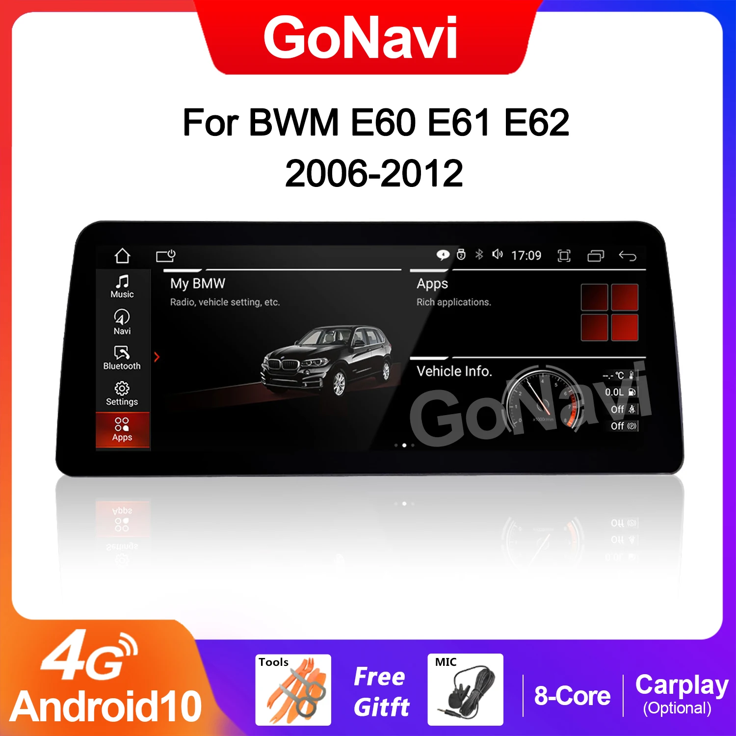 

GoNavi 12.3" 8 Core Android Car Multimedia Player For BMW E60 E61 2005-2012 WIFI SIM BT Carplay GPS Navi Touch Screen Radio