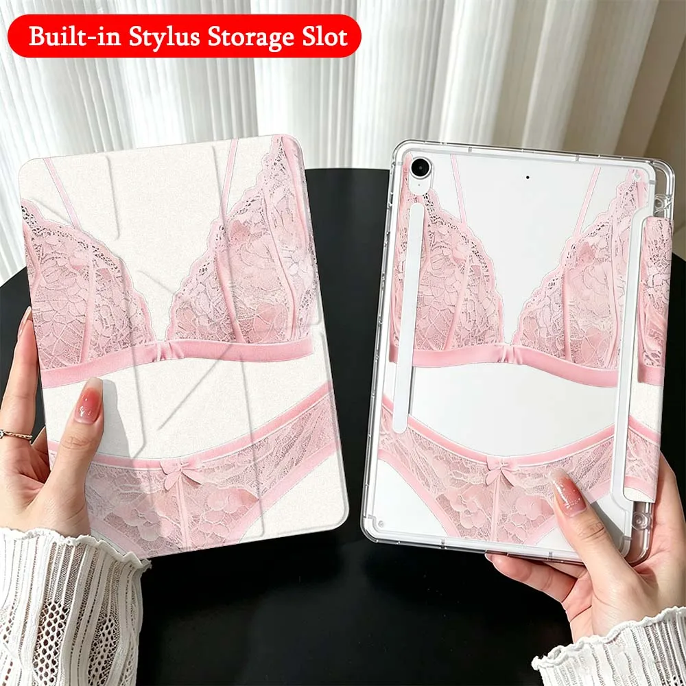 Luxury Lace Lingerie For Samsung Galaxy Tab A9 A8 A11 S6 S7 S8 S9 S10 FE Plus Lite Transparent Y-Shaped Folding Tablet Case