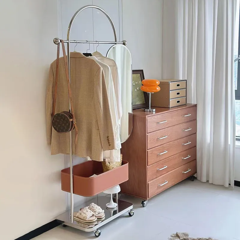 Italian floor-to-ceiling full-length mirror movable coat rack integrated multi-functional rack stainless steel bedroom hanger