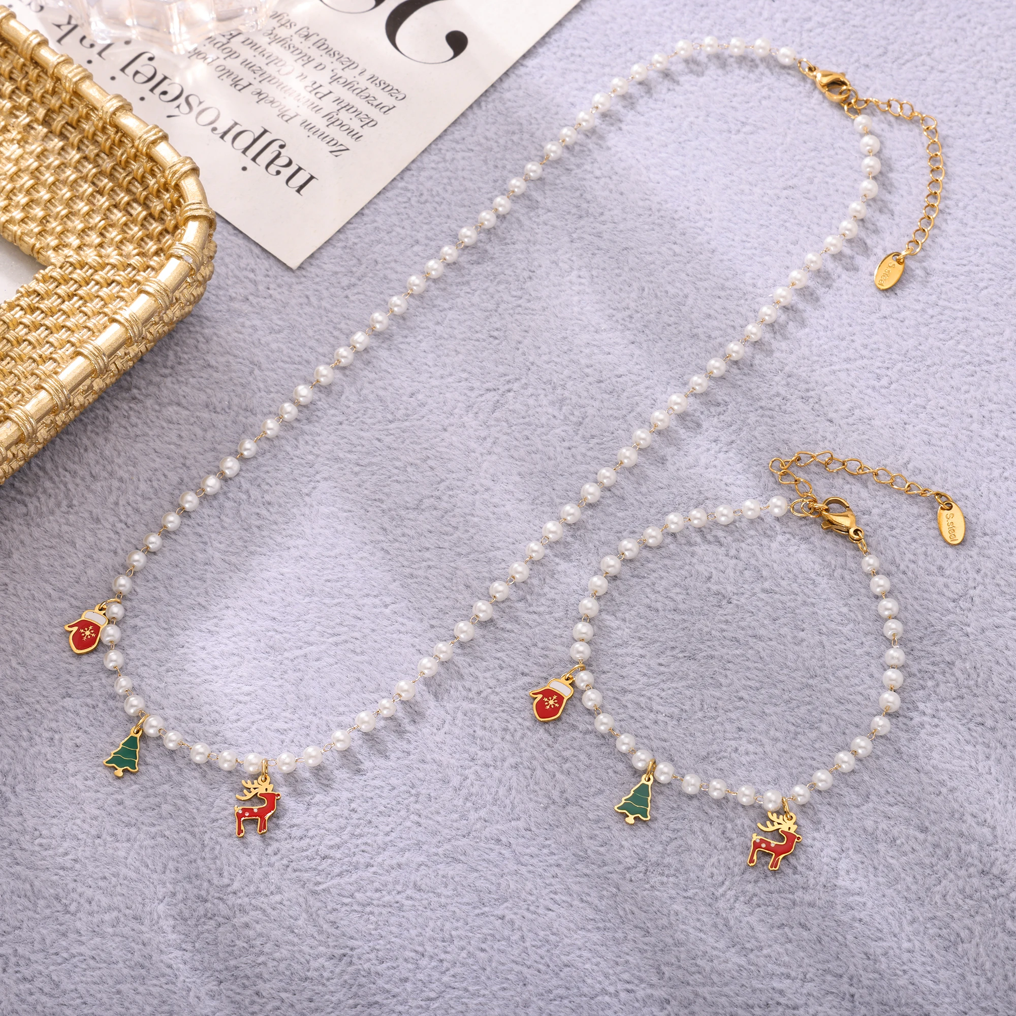 Hirsch-Weihnachtsbaum-Handschuh-Anhänger, Halsketten, Armbänder für Damen, 316L Edelstahl, Imitationsperlen-Strang, Schmuckset – Detail 5