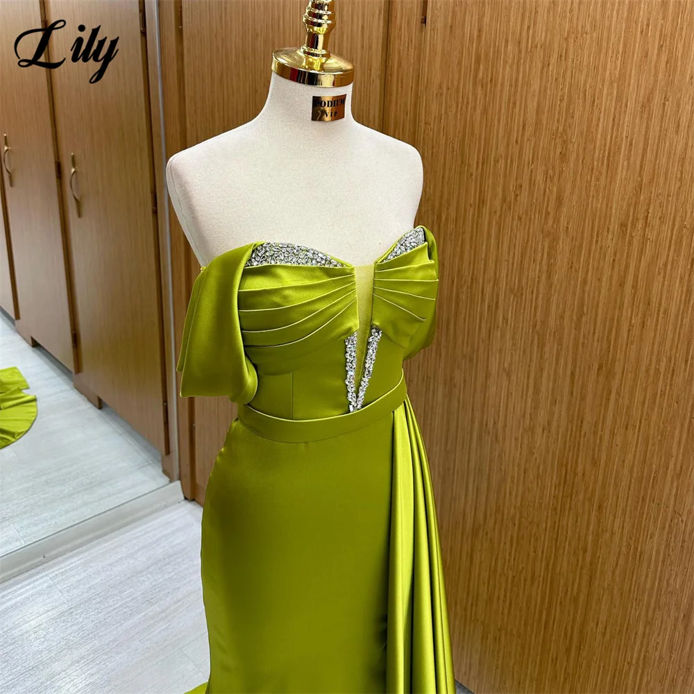 Lily Olive Green Prom Dress Chic Off The Shoulder Evening Dress Sexy Mermaid Satin Party Dress With Pleats Crystal فستان سهرة