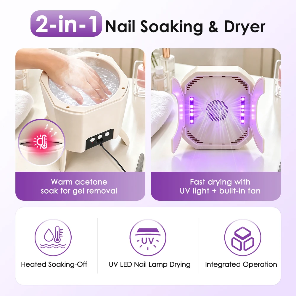 Electric Gel Nail Remover Machine 2-in-1 UV Lamp Nail Dryer with Fan 45℃ Heated Soak Off Bowl Foldable Manicure Pedicure Tool