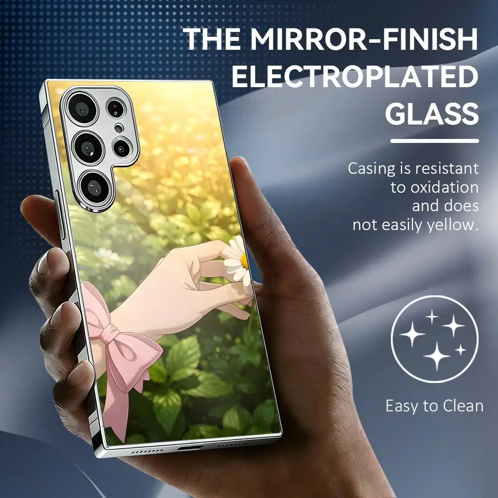 Anime Chrysanthemum Phone Case For Samsung Galaxy S25 S24 S23 Ultra Electroplated Metal Frame Shockproof Cover Phone Case