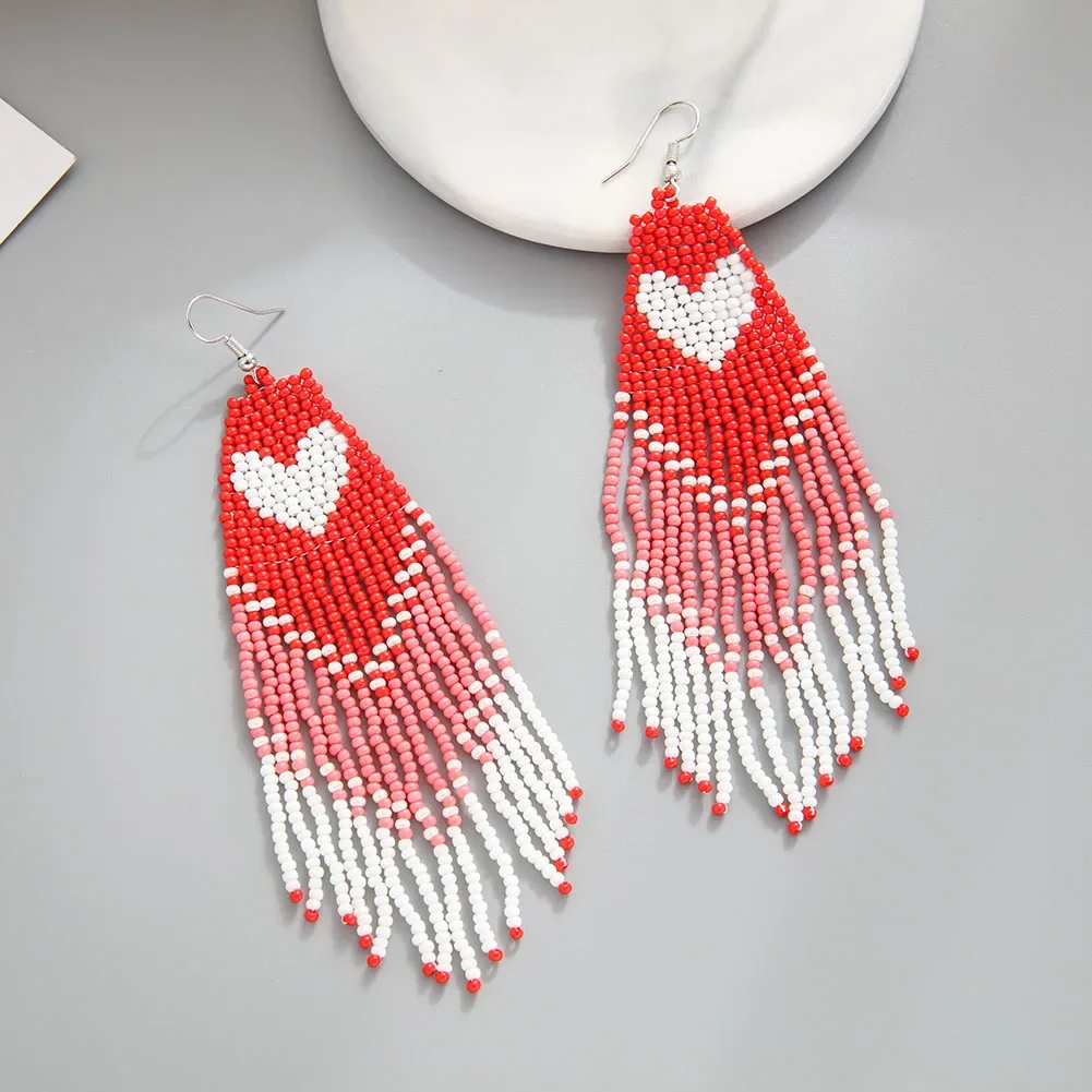 

Rice bead earrings Heart-shaped Pattern Fashion Simplicity Creative Hand knitting Bohemian Alloy Female Tassels Beaded earrings