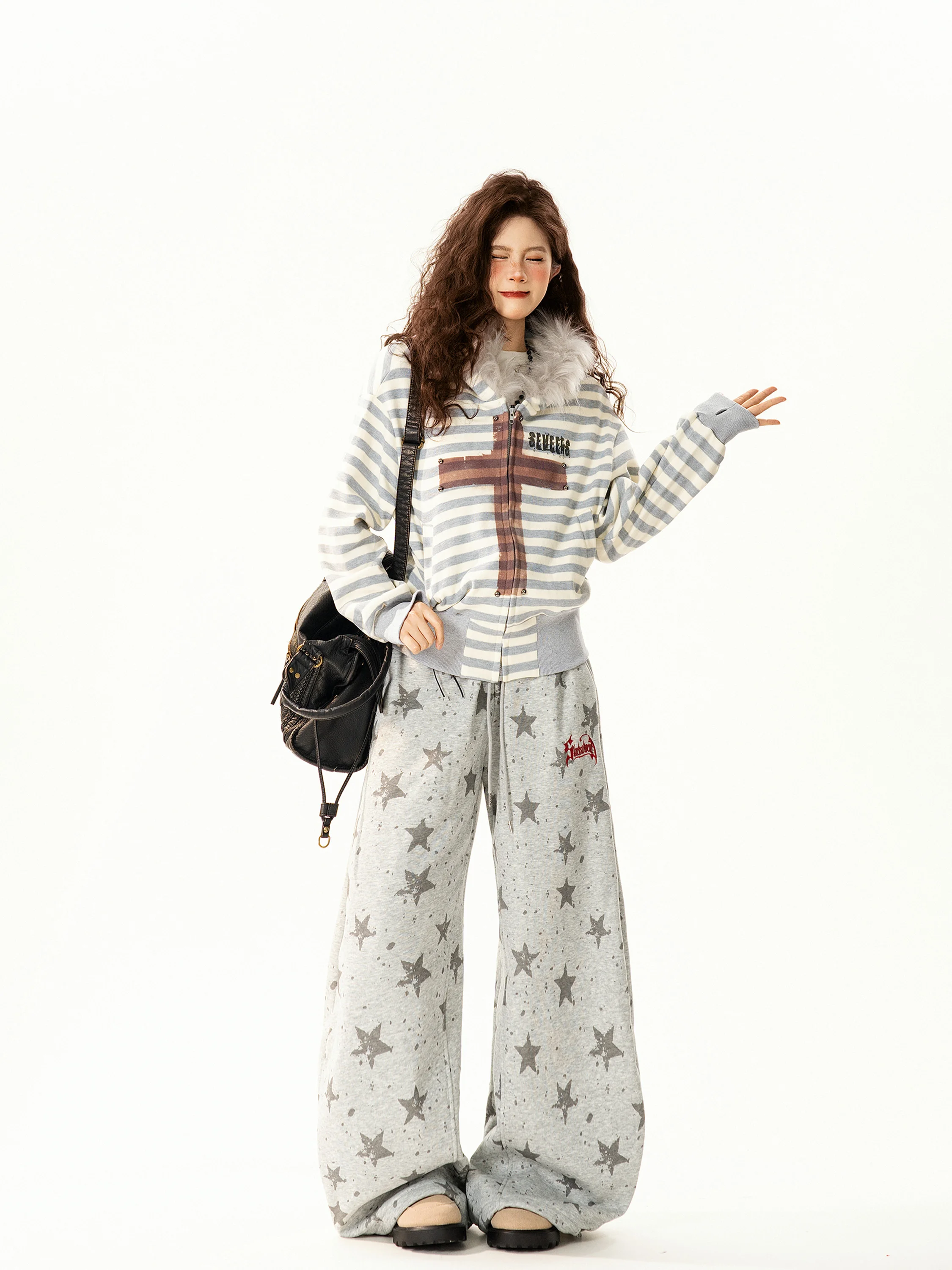 

Retro American Striped Hooded Cardigan Sweatirt Women's Loose Casual Versatile Outerwear Trendy Spring Open Front Coat