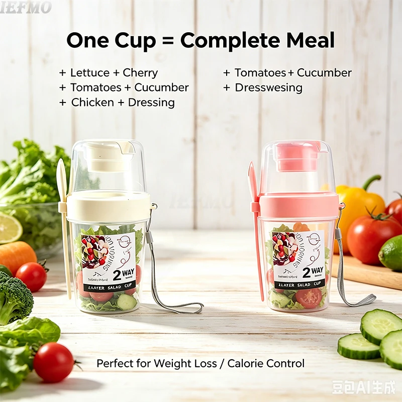 Juego de recipientes portátiles para ensalada, ideales para frutas, verduras y yogur, con tenedor y tapa integrados, a prueba de fugas, para una pérdida de peso saludable.