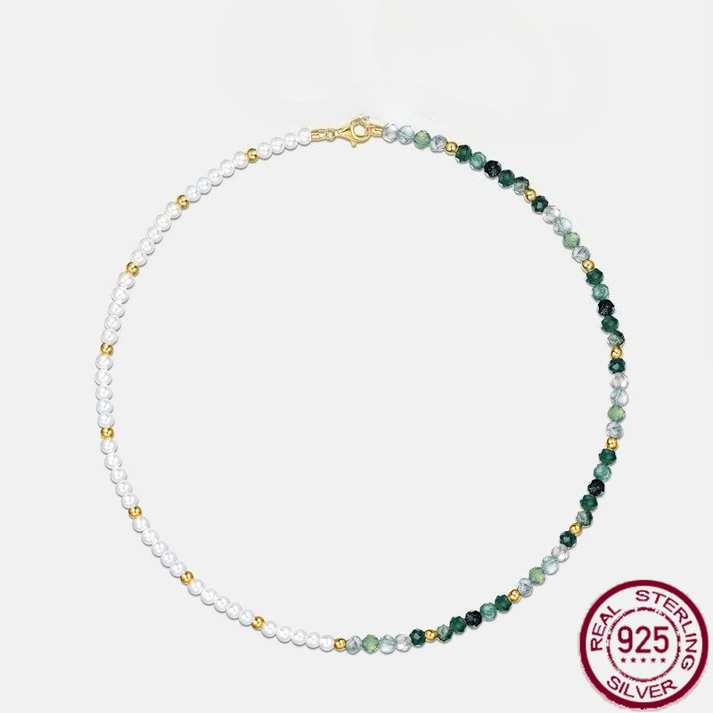 

New S925 pure silver bead natural water grass agate green moss stone white shell necklace retro light luxury wedding jewelry