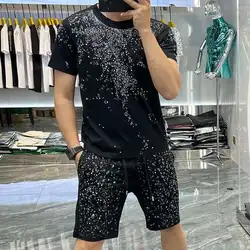 Men Sets Luxy Design With Rhinestones Tshirt & Shorts Men Sportswear Casual Tracksuit Men Quality Black Hot Drill 2-piece Suit