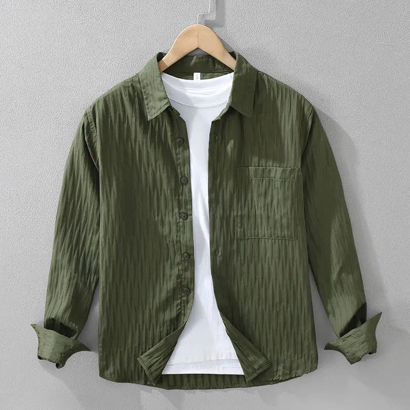 Light Feel Raised Flower Bubble Cloth Spring Autumn Men's Thin Shirt Style Flip Collar Jacket Outerwear Sun Protection Clothing