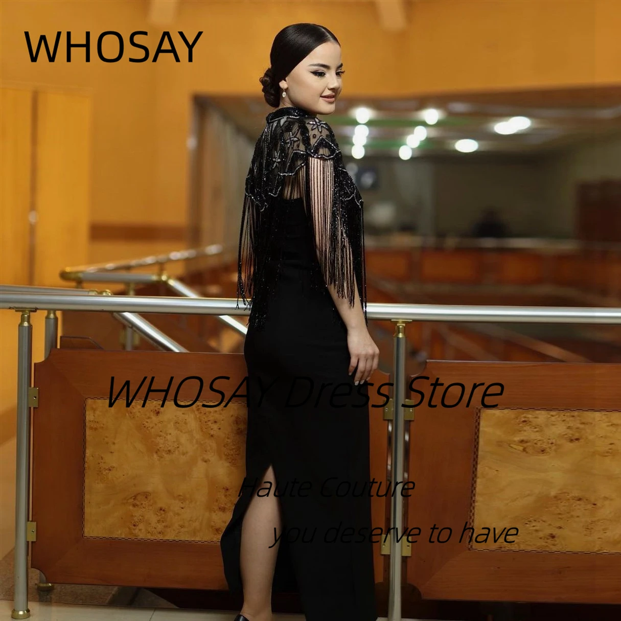 WHOSAY Black Prom Dresses Luxury Beading Tassels Wraps Pageant Party Saudi Arabia Ankle Length Bride Evening Gowns image 2