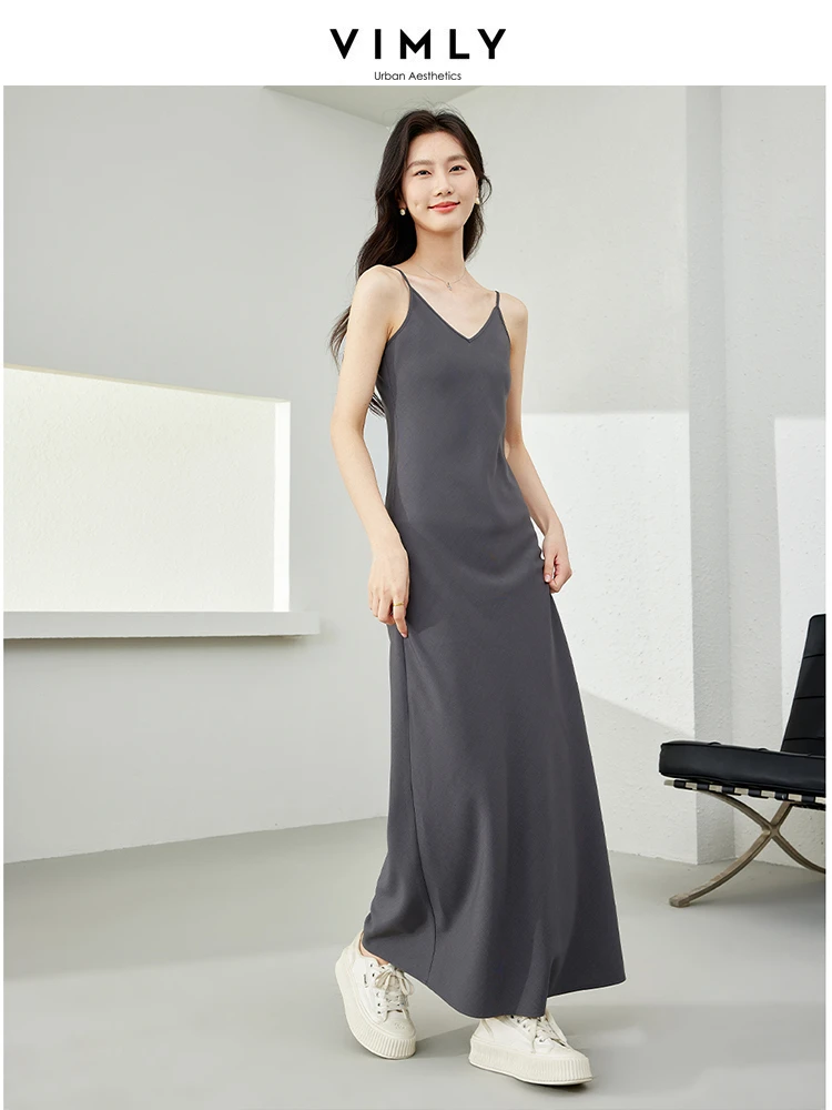 Vimly French Style V-neck Strap Dress Adjustable Sleeveless Grey Maxi Dresses 2024 Spring New Elegant Women\'s Clothing M6187