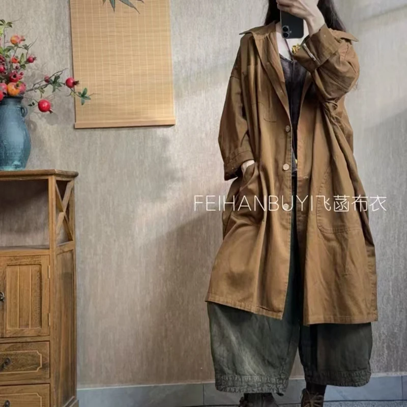 

New Arrival Spring Autumn Arts Style Women Turn-down Collar Single Breasted Loose Trench All-matched Casual Cotton Long Coat F09