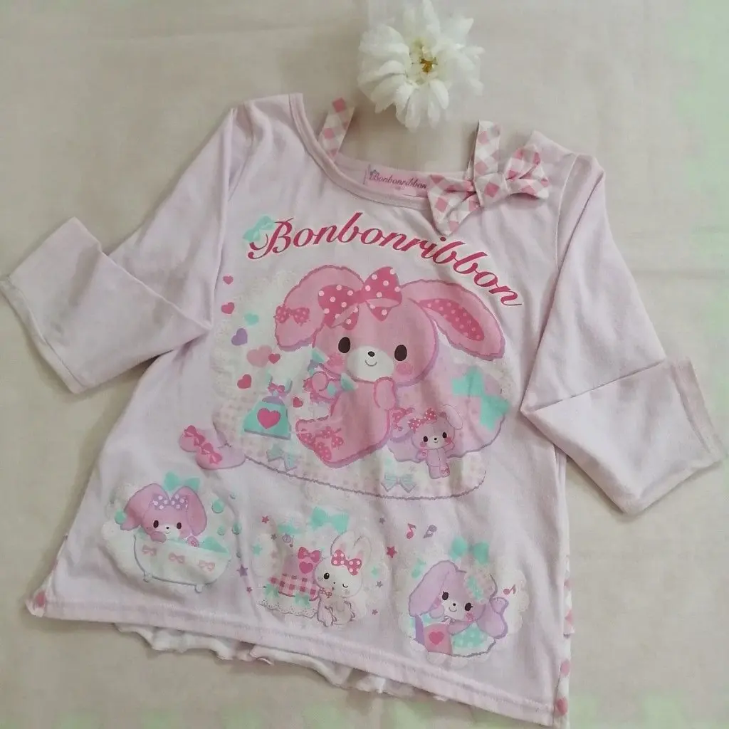 

Japanese Style Long-sleeved Cute Bobo Rabbit Top for Girls Soft Antique Home Base Funny Re-engraved Children's T-shirt