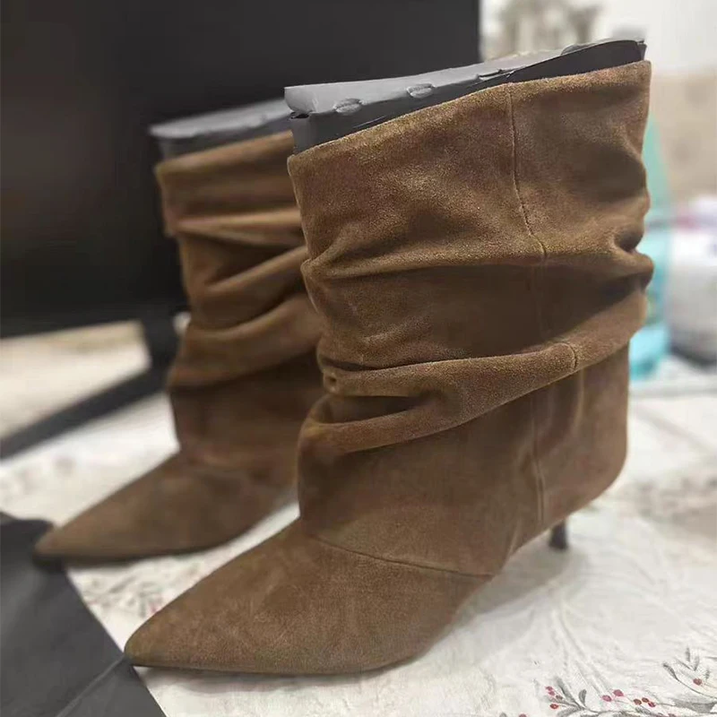 خمر جودة عالية أشار تو Vintage حذاء بوت بطول الكاحل مثير رقيقة منخفضة الكعب المرأة الدافئة مطوي حذاء من الجلد الانزلاق على أحذية الحفلات كاوبوي #3