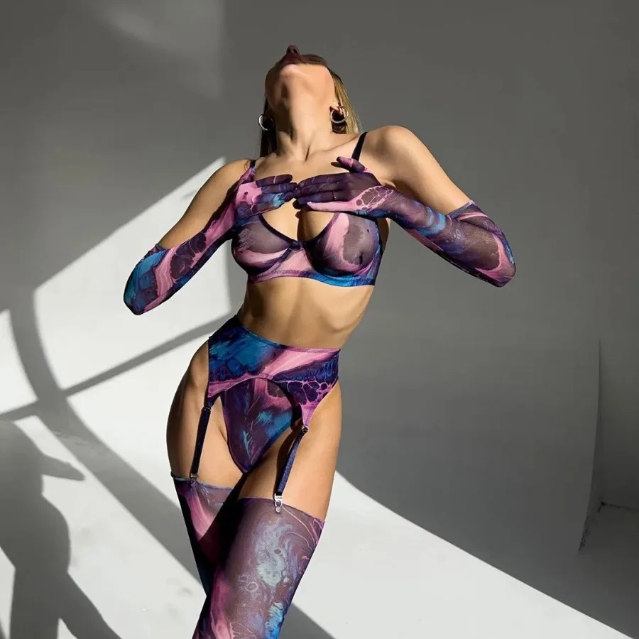 HOTEuropean and American - tie rendering erotic underwear five-piece set lace mesh design ultra-thin sexy underwear set women