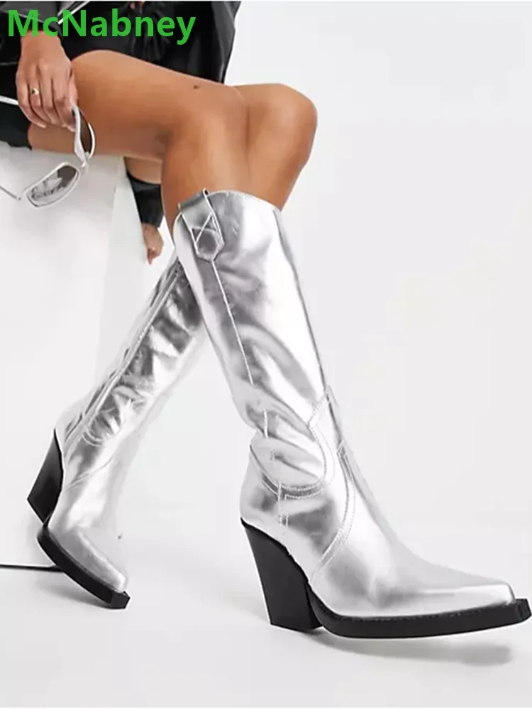 Silver Pointed Toe Chunky Heel Boots For Female Women Side Zipper Mid-calf Solid Handmade 2024 Fashion All-match Elegant Shoes