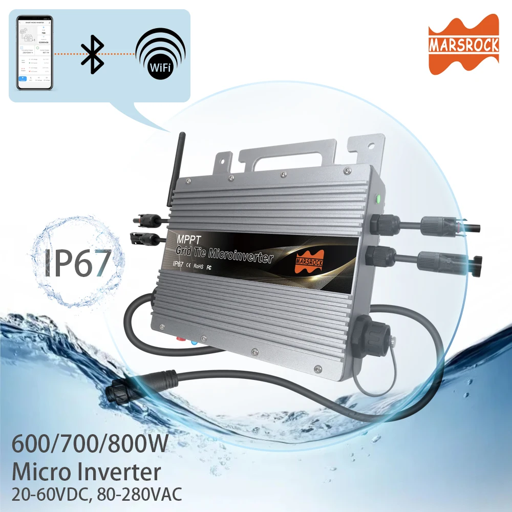 700W PV Solar Grid Tie Smart Micro Inverter MPPT IP67 Built-in WiFi for 20-60VDC Solar Panel,  80-260VAC Grid,With Free EU Plug