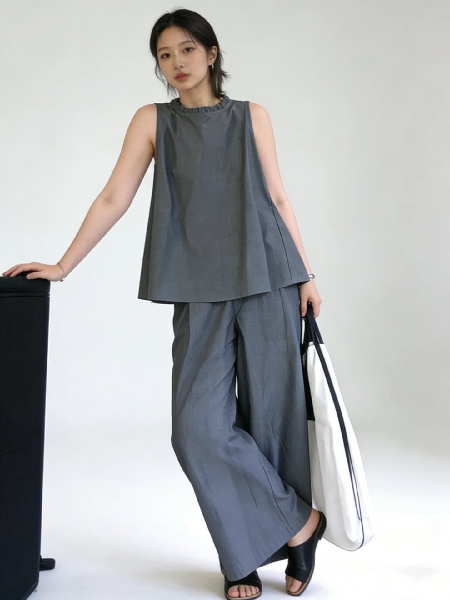 

Grey Cotton Linen Set Women's Sleeveless Top Wide Leg Casual Pants Two Piece Set Lazy Style Fashionable Autumn Spring Summer