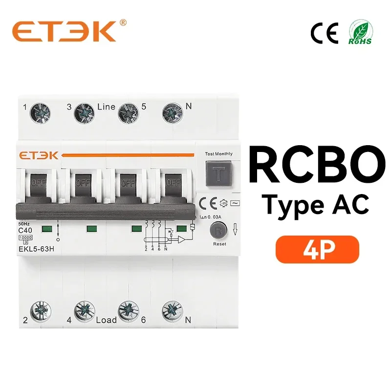 

ETEK RCBO Residual Circuit Breaker Over Current Leakage Protection Type AC 1P+N 3P+N 2P 4P 63A 30mA EKL5