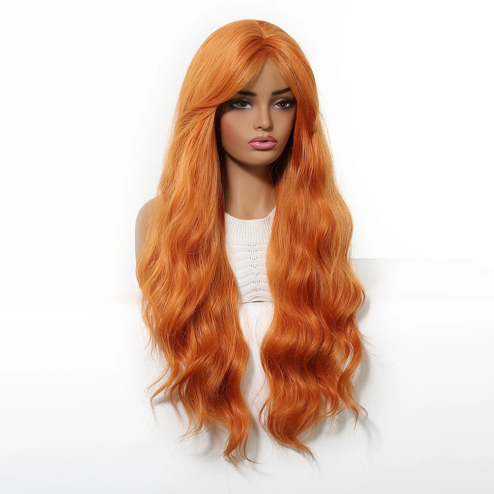 EASIHAIR 긴 물결 모양의 오렌지 합성 가발 여성용 오렌지 컬리 코스프레 가발 앞머리가 있는 자연 머리 크리스마스 축제 가발
