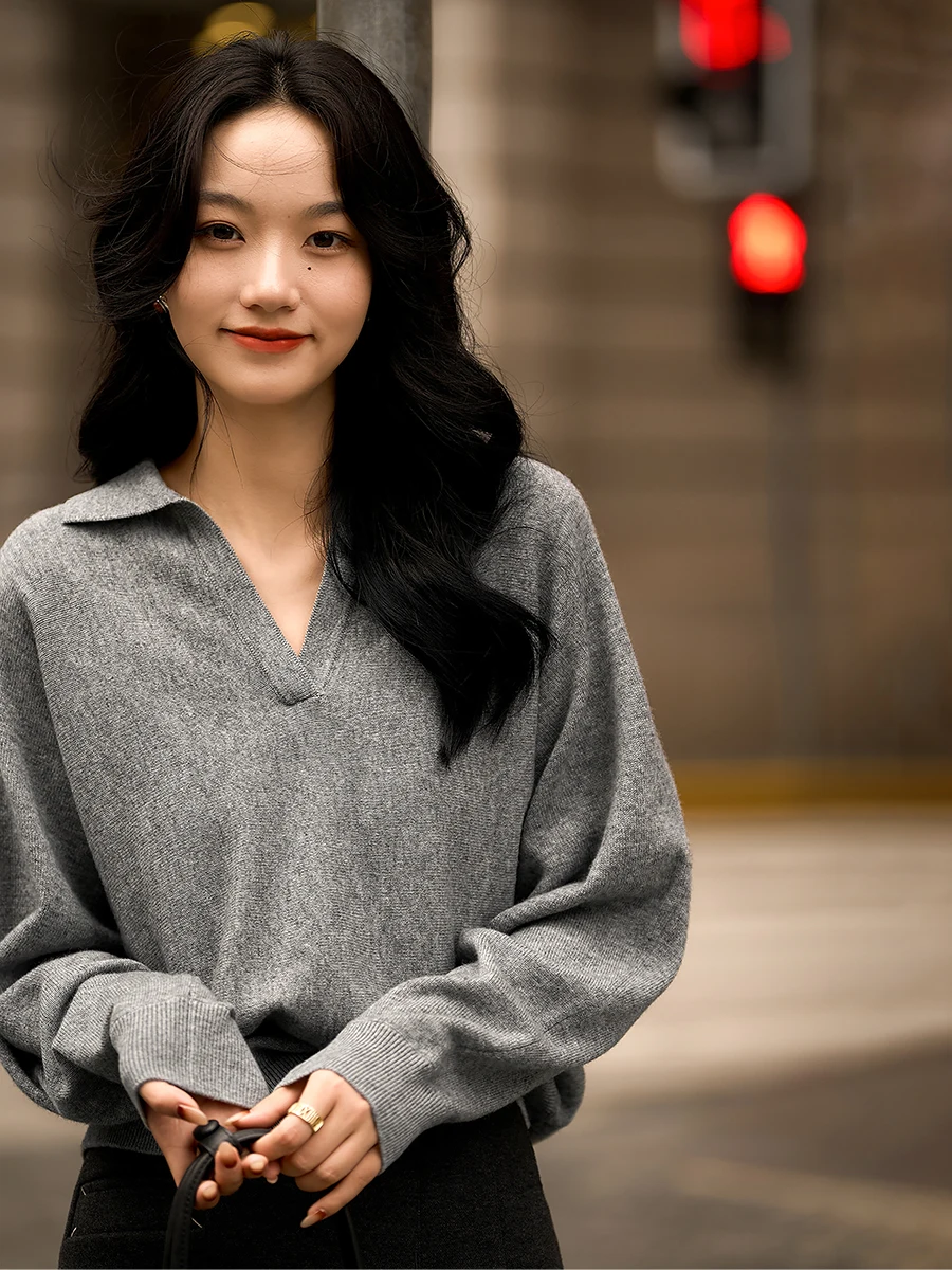 

Модный простой вязаный свитер с воротником из шерсти и кашемира с длинными рукавами для женщин, премиум-класса, от Xhange Ladies