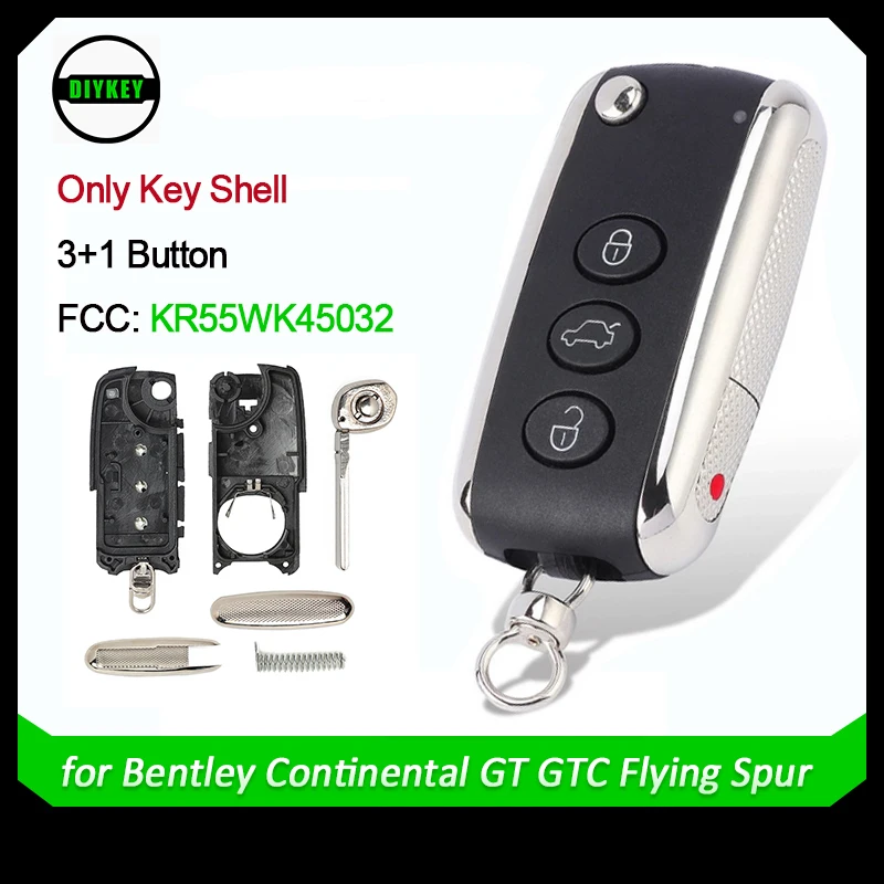 DIYKEY 3+1 4 Button Flip Key Shell for Bentley Continental GT GTC Flying Spur Fob KR55WK45032 Folding Remote Auto Car Case