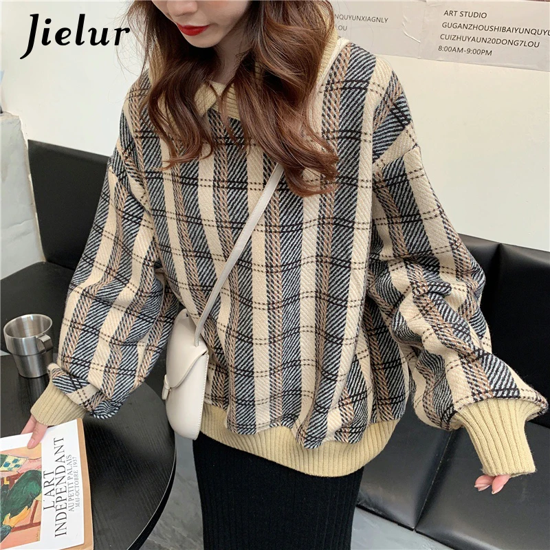 

Patchwork Lapel Plaid Hoodies Women Loose Apricot All-match Sweatshirt Winter Black Hooded Pullover Long Sleeve Femme Top