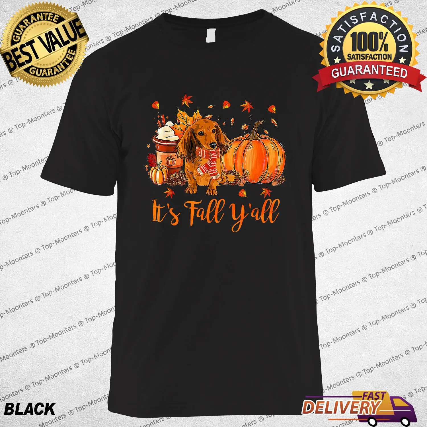 

Dachshund with Fall Scarf Surrounded by Autumn Leaves and Pumpkin Spice T-Shirt