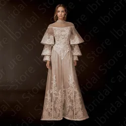 Customized Unique Champagne Evening Dresses Arabic Prom Gowns Lace Long Sleeves Wedding Guest Dresses High Neck Illusion Back