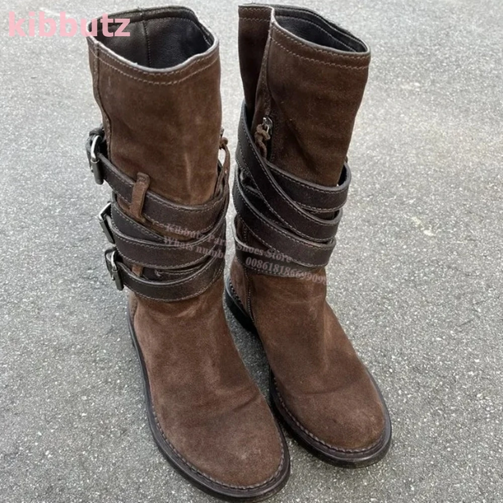 

Suede Boots Knee High Cowboy Western Style Cross Strap Belt Buckle Side Zipper Round Toe Fashion Elegant Concise Women Shoes New