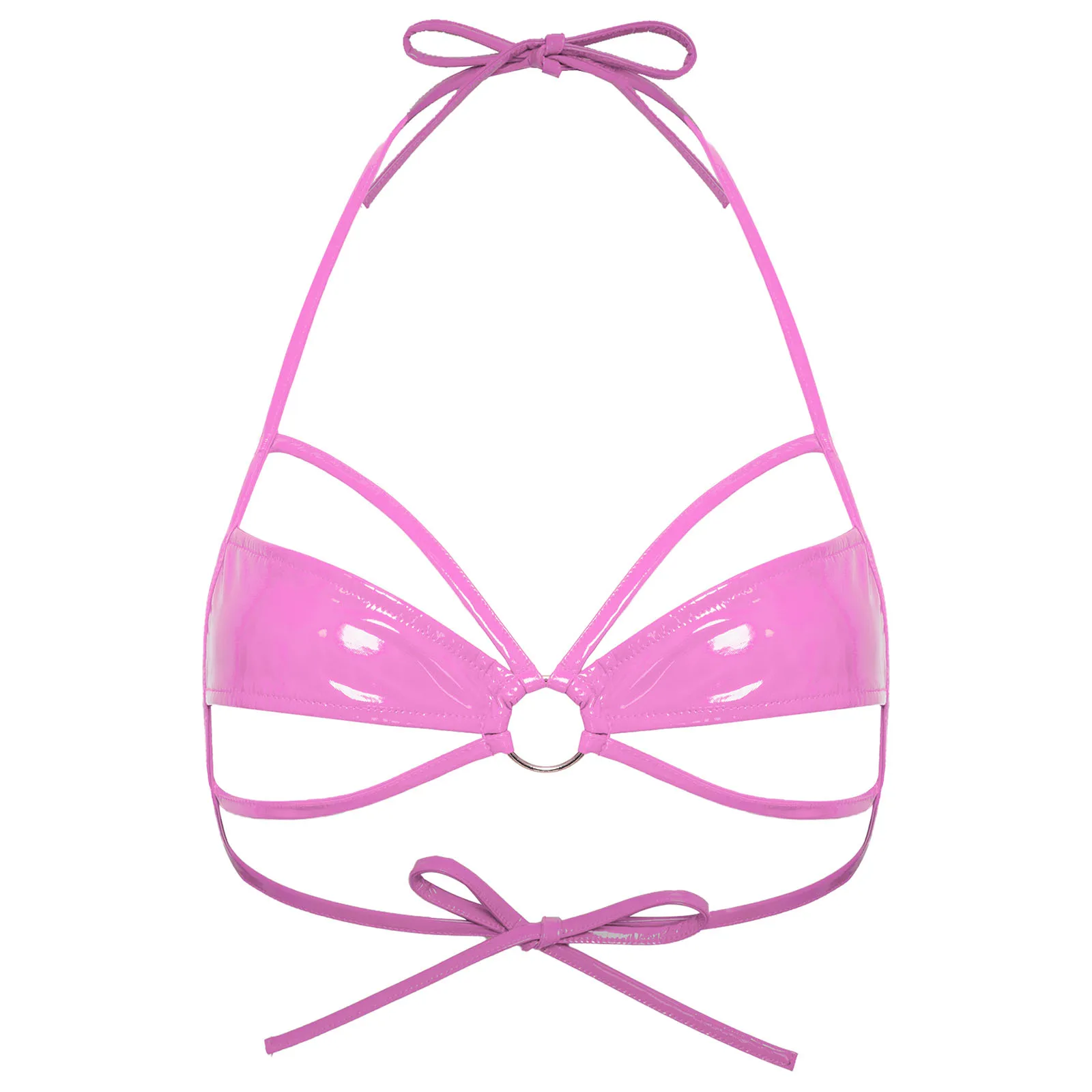 

Womens Halter Hollow Out Mini Cup Brassiere Lingerie Wet Look Mini Micro Bra Tops O-ring Linked Wireless Bralette Lace-up Bra