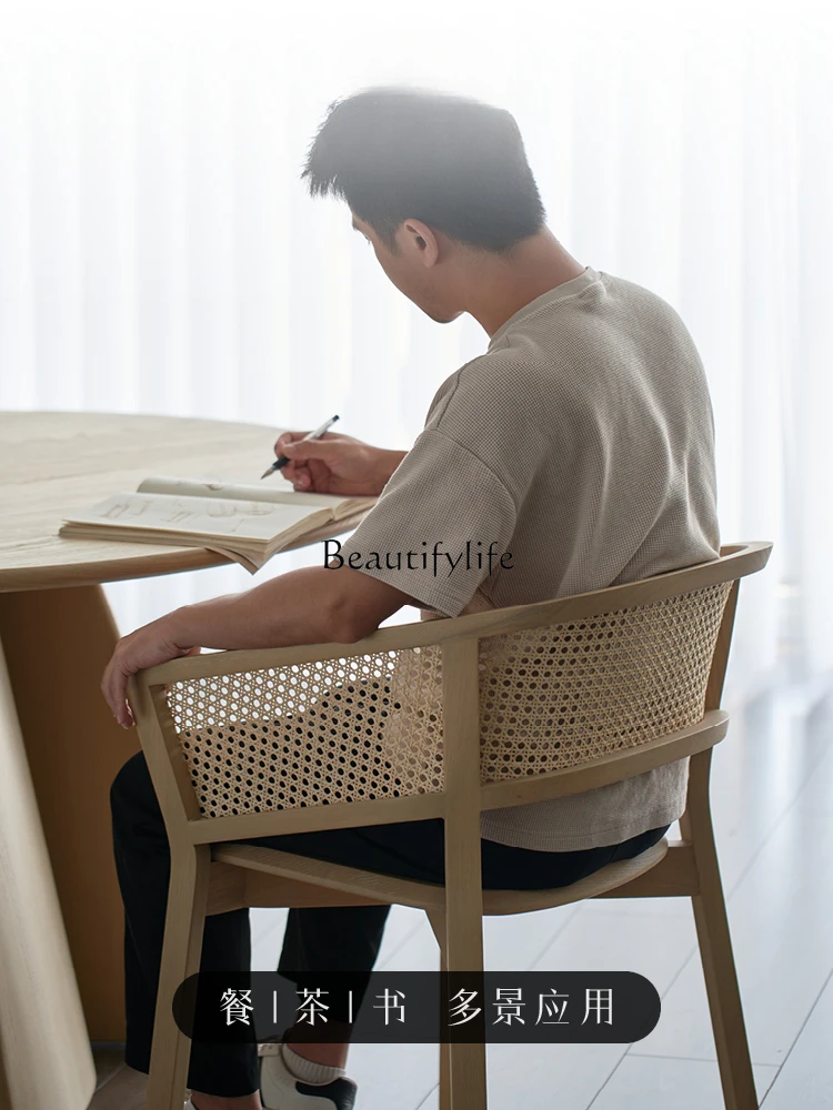 Modern Simple and Comfortable Rattan White Wax Wood Home Tea Room Solid Wood Dining Chair