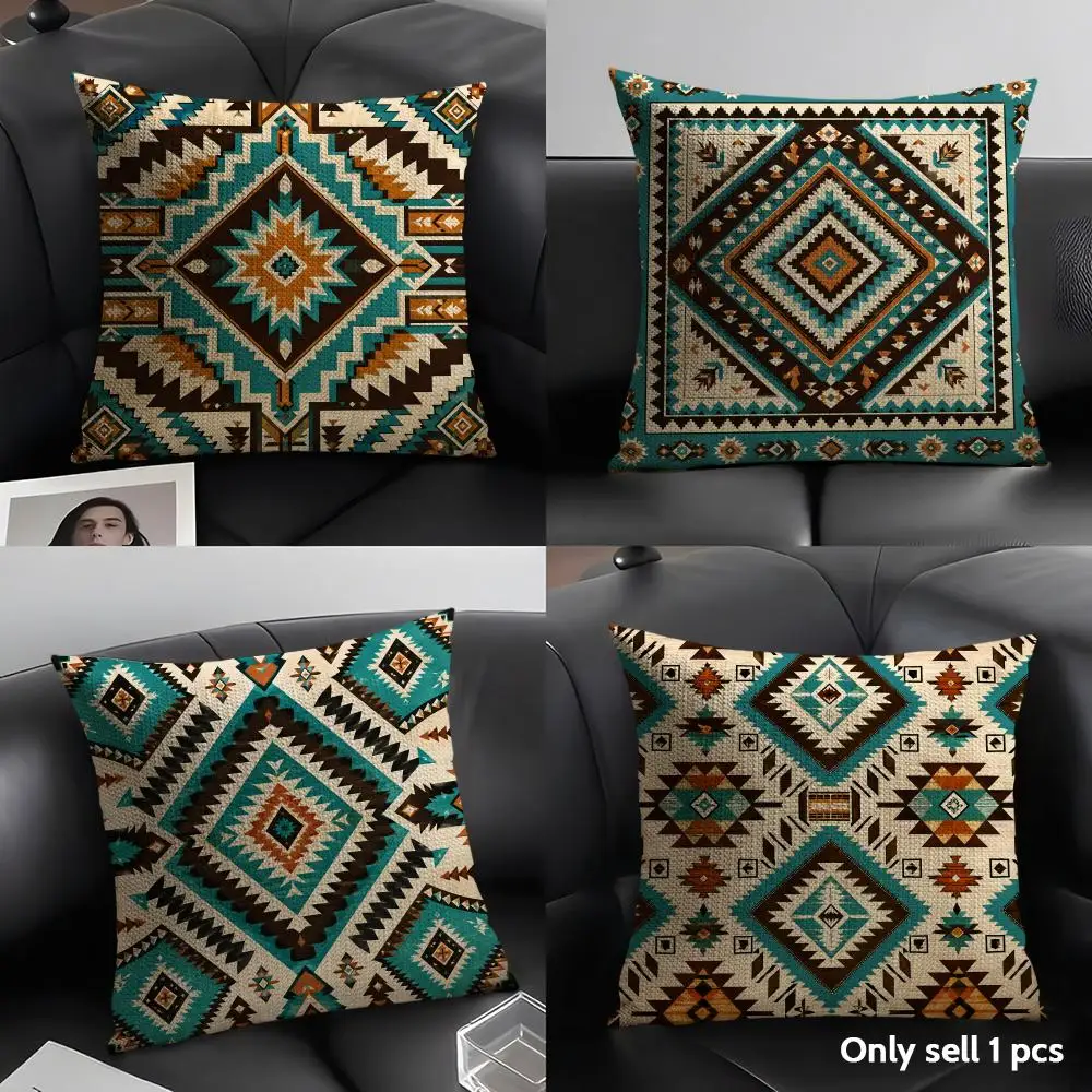 Bohemian Vintage Geometric Cushion Cover Natural Linen Pillow Case Organic Fabric Double Sided Print Sofa Home Decor Gift