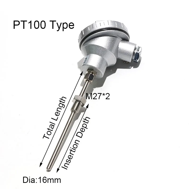 1PC PT100 Type Thermocouple Temperature Sensor Overall Length*Measuring Part Length Fixed Thread M27*2 304 Stainless Steel Tube