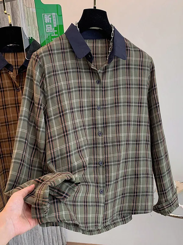 

Autumn Plaid Long Sve irt Large Size Open Cardigan Sle Pure Cotton Vintage Collar Loose Women's Faion Inner Wear