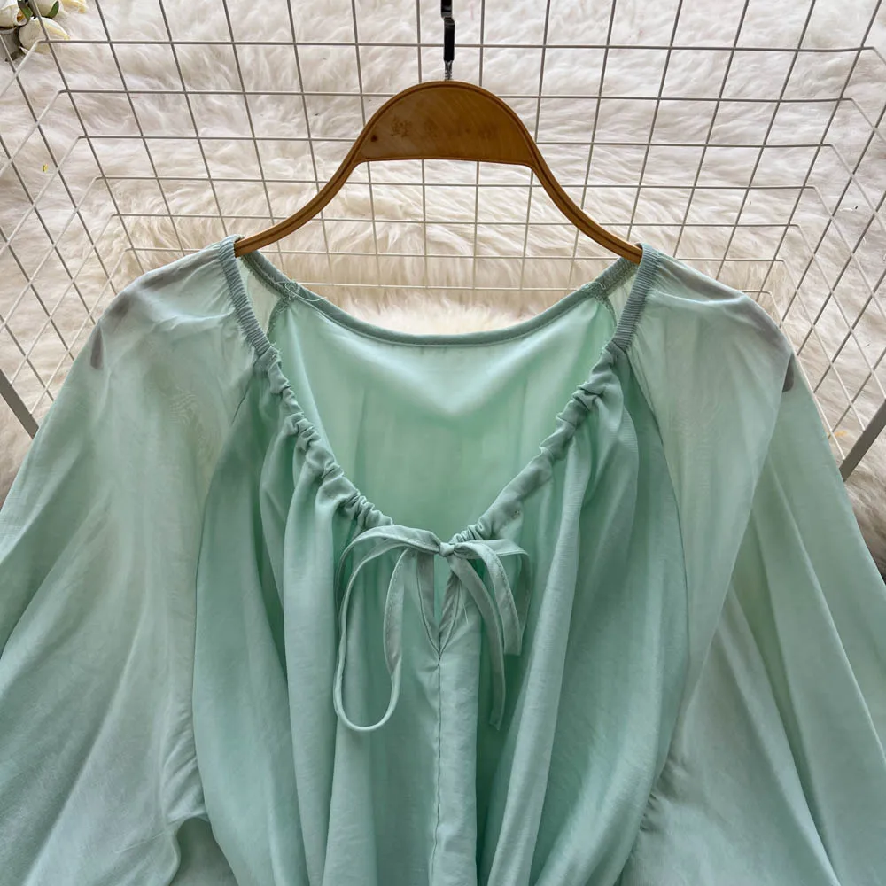 เดรสยาวทรงเข้ารูปสไตล์เกาหลีโบฮีเมียน ผ้าตาข่ายแขนสั้น ดีไซน์วินเทจเก๋ไก๋ สวยหรูดุจนางฟ้า