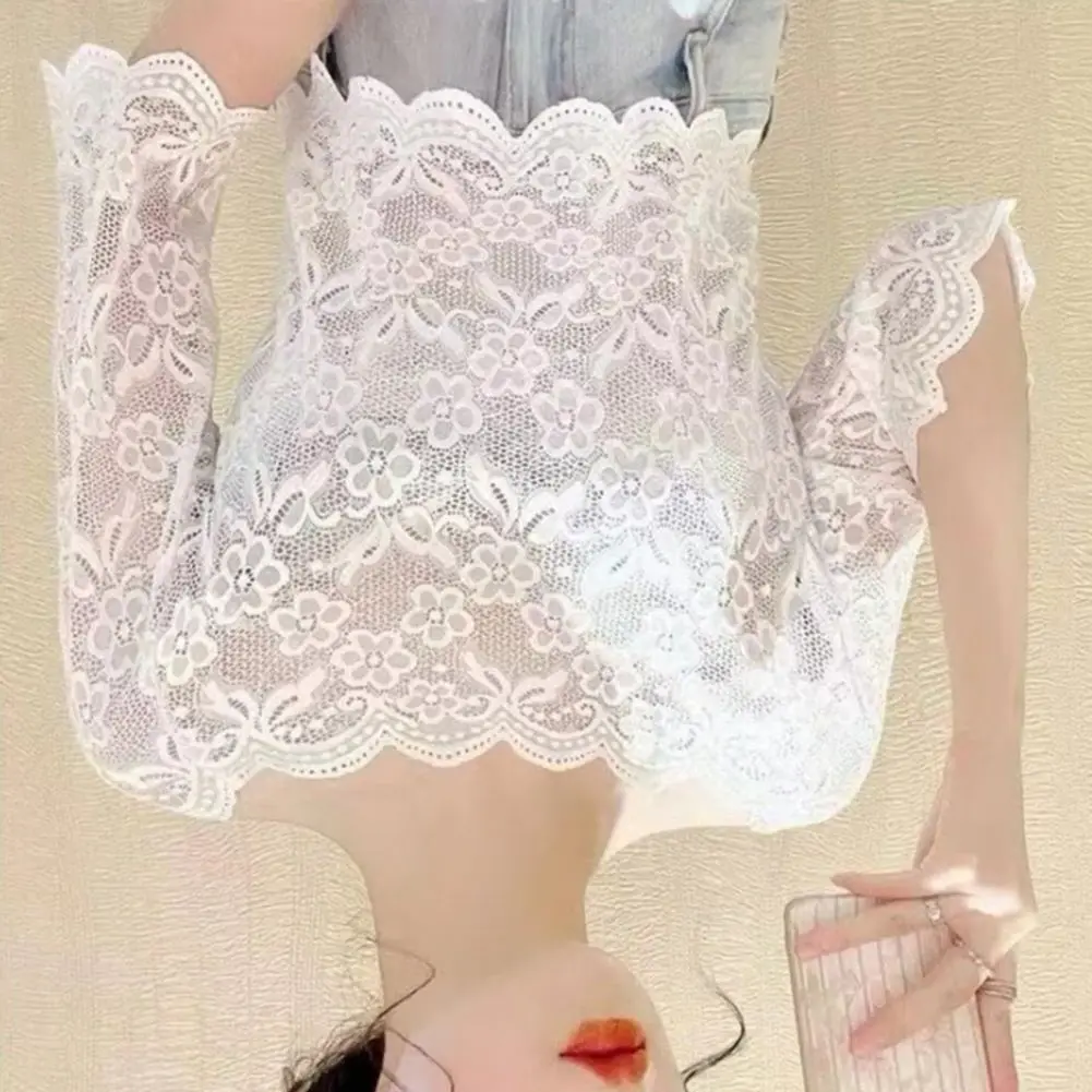 

Elegant Embroidery Floral Lace Base Blouse Women Cropped Lace Tops Top 2025 One-word Collar Half Sleeve See-through Lace Blouse