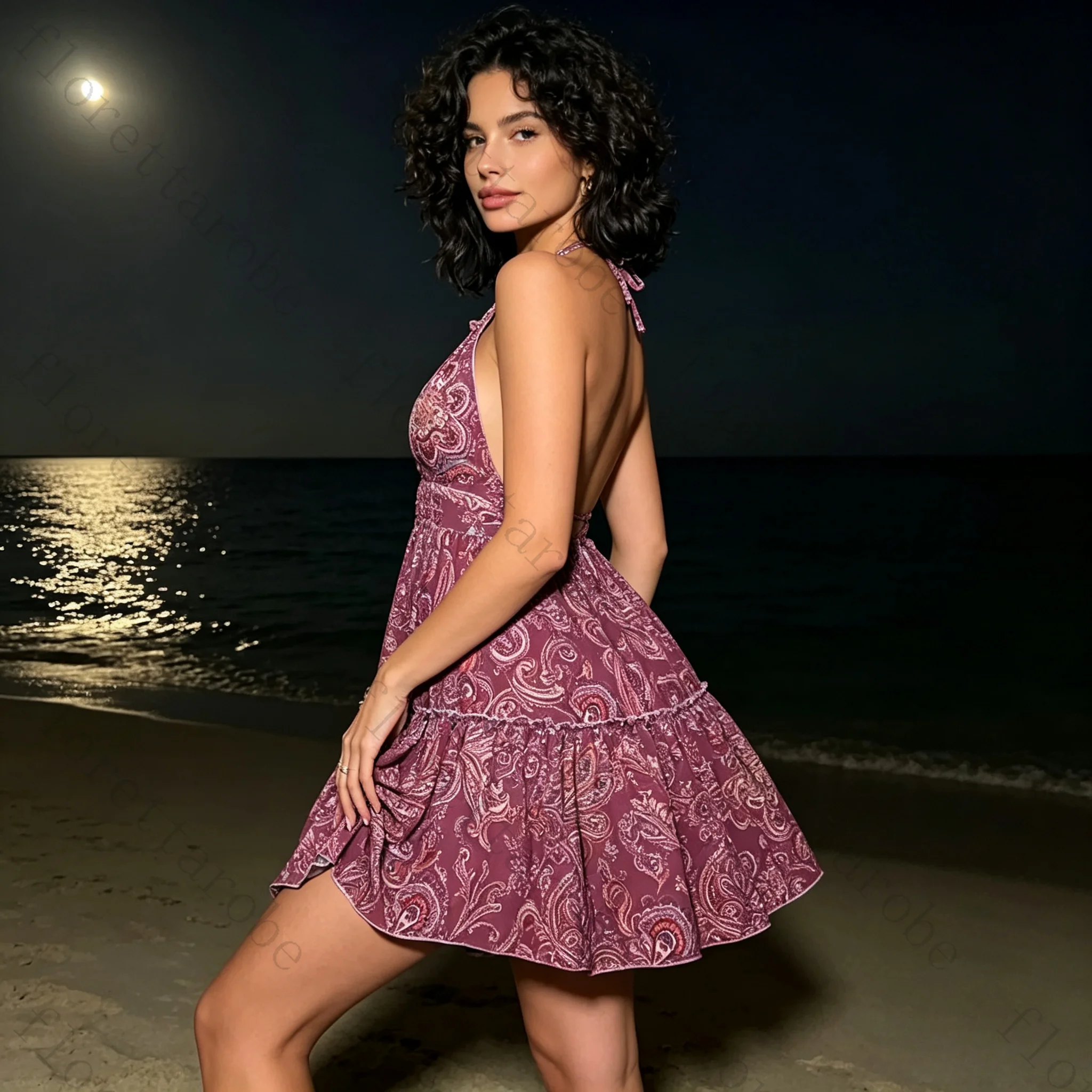 Customized Purple Red Print Halter Backless Mini Dress Women Elegant Casual Boho Summer Beach Vacation Party Daily Outfit