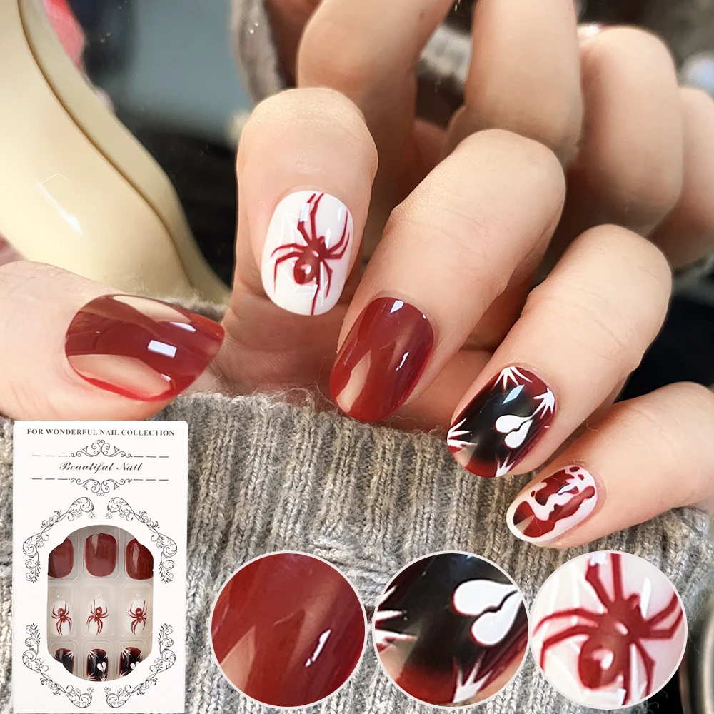 24Pcs/box Red Spider Printed False Nails Halloween Nail Art Decor Press on Nails for Girl Gifts Short Round Cool Style Fake Nail